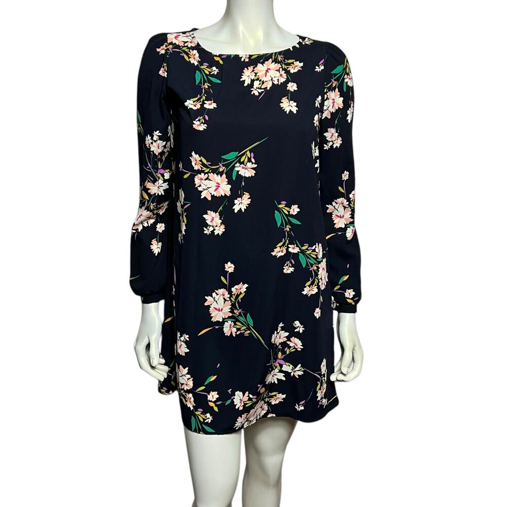 Lulus Floral Print Dress, Navy Blue, Small, Long Sleeve, 100% Polyester